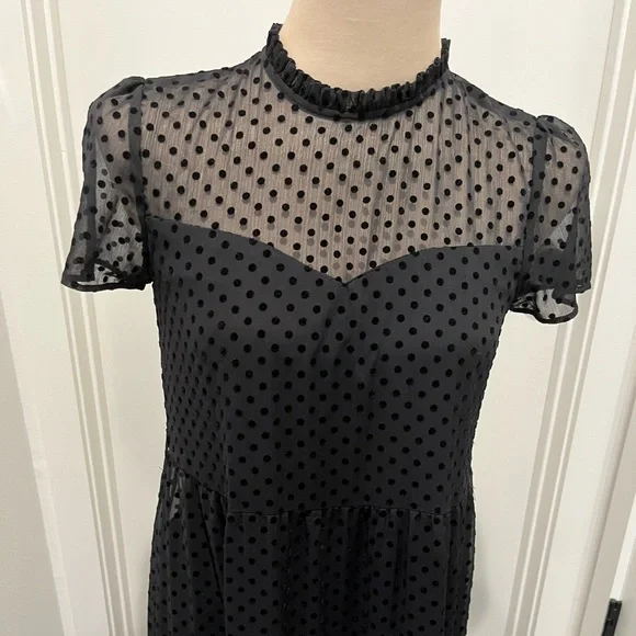 ZARA Black Flocked Swiss Dot Shirt Sleeve Flowy Midi Dress - Picture 7 of 14